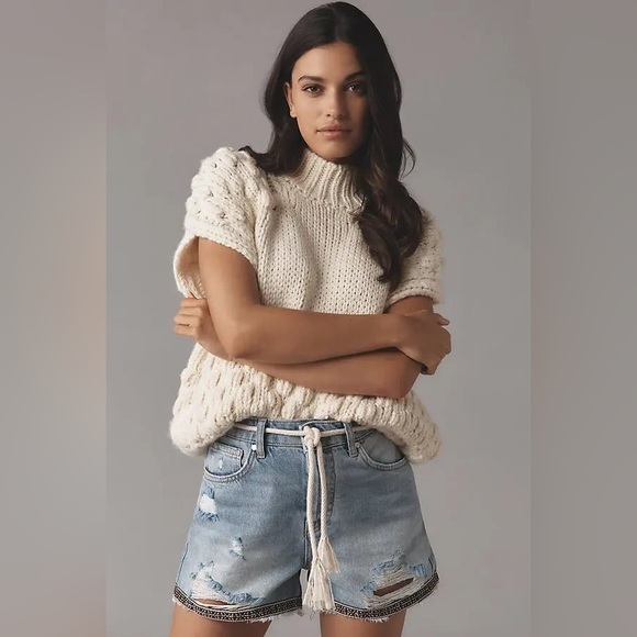 Anthropologie Pilcro Distressed Blue Jean Shorts with Embroidered Hem - Picture 1 of 13